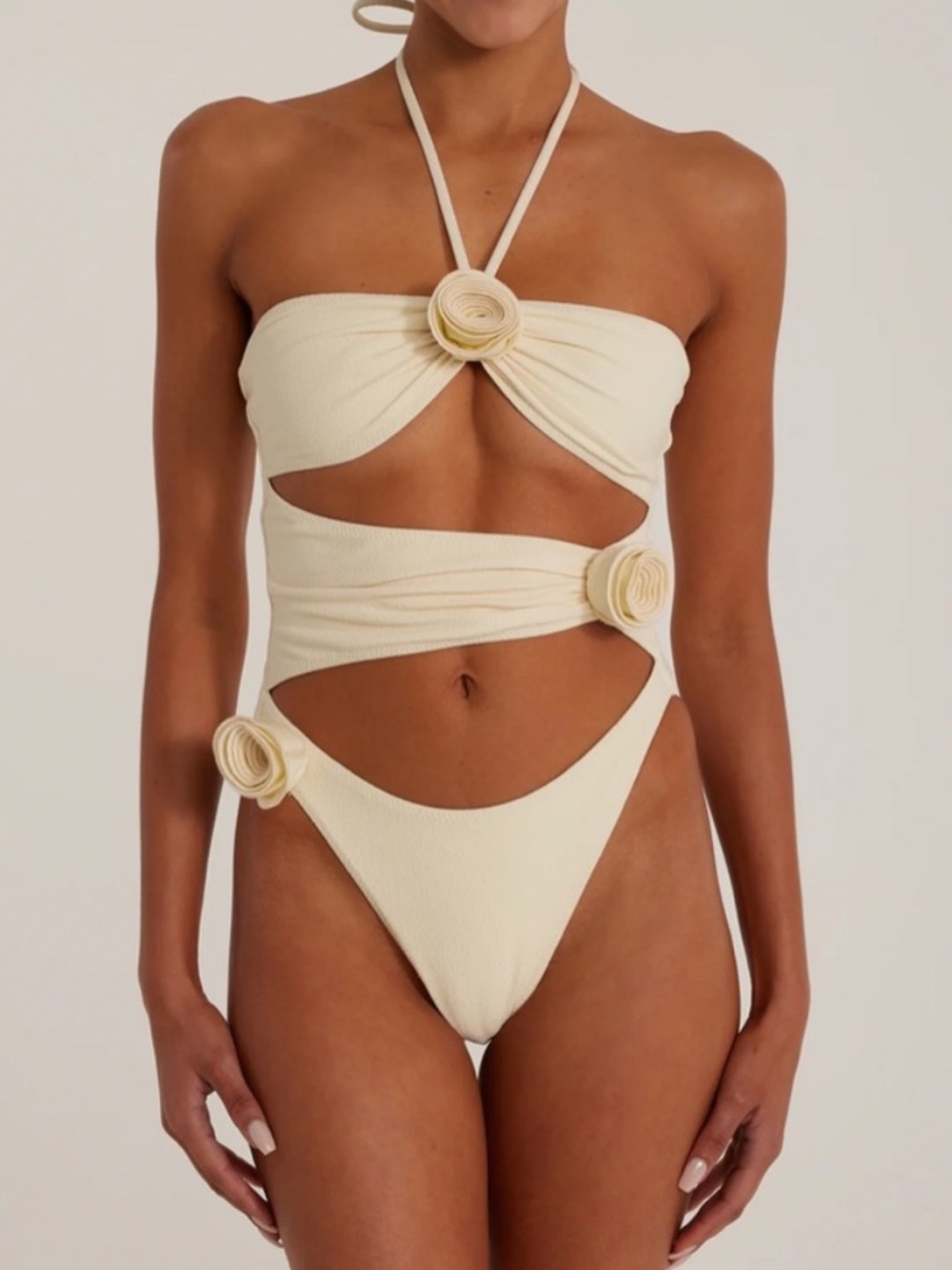 SAME Swim Rosette Cut Out One Piece in Faux Suede Cream